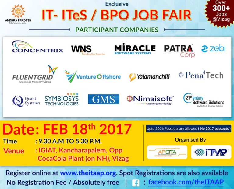 ITAAPAPEITA Mega Job Fair 2017 For Freshers in Vizag On 18th February